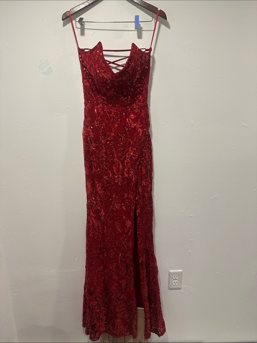 Windsor Crimson Lace Beaded Strappy Gown 068